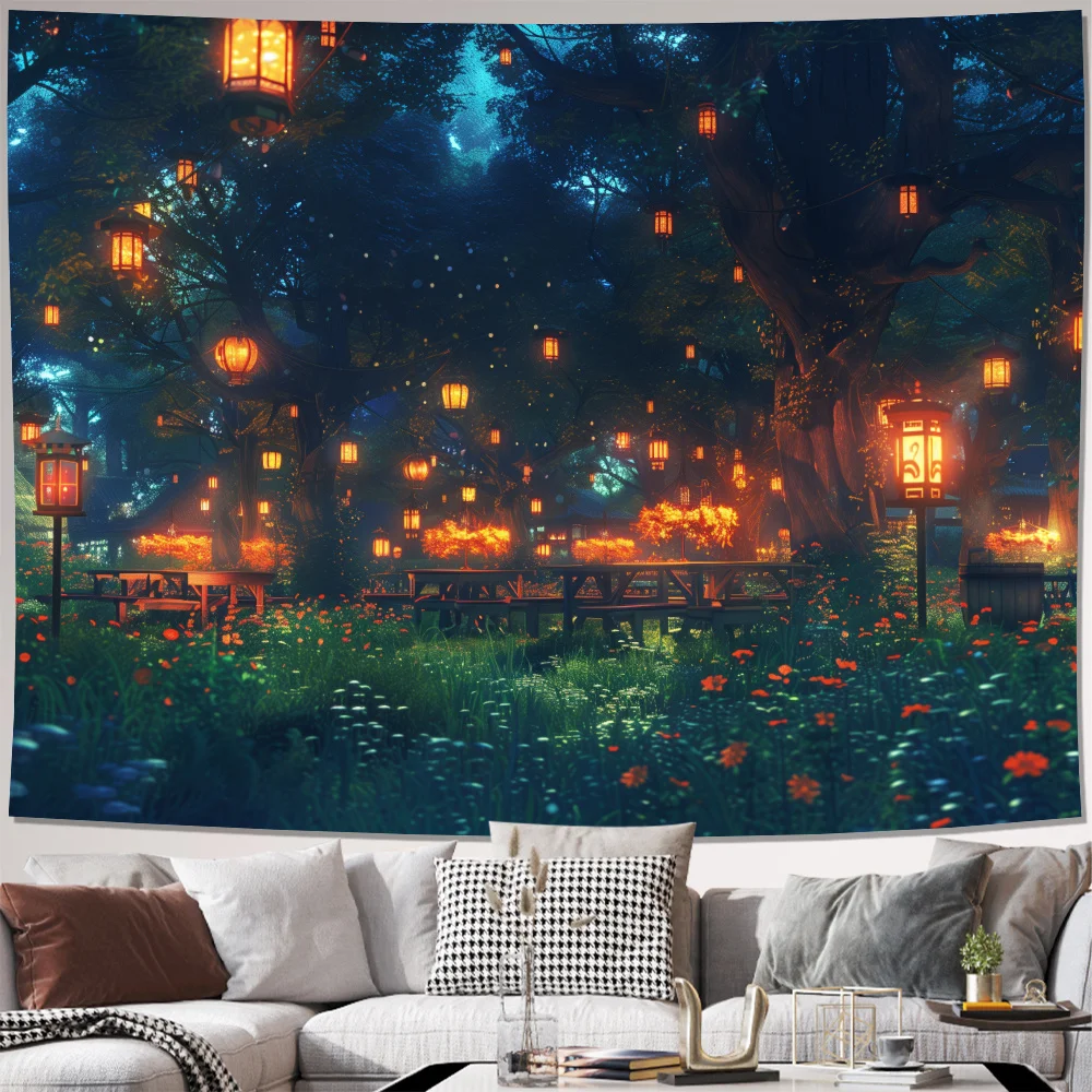 Tapiz de bosque mágico, linternas y escena nocturna Floral, decoración colgante de pared, textura suave tipo Beige claro melocotón, sin electricidad, 1 ud.