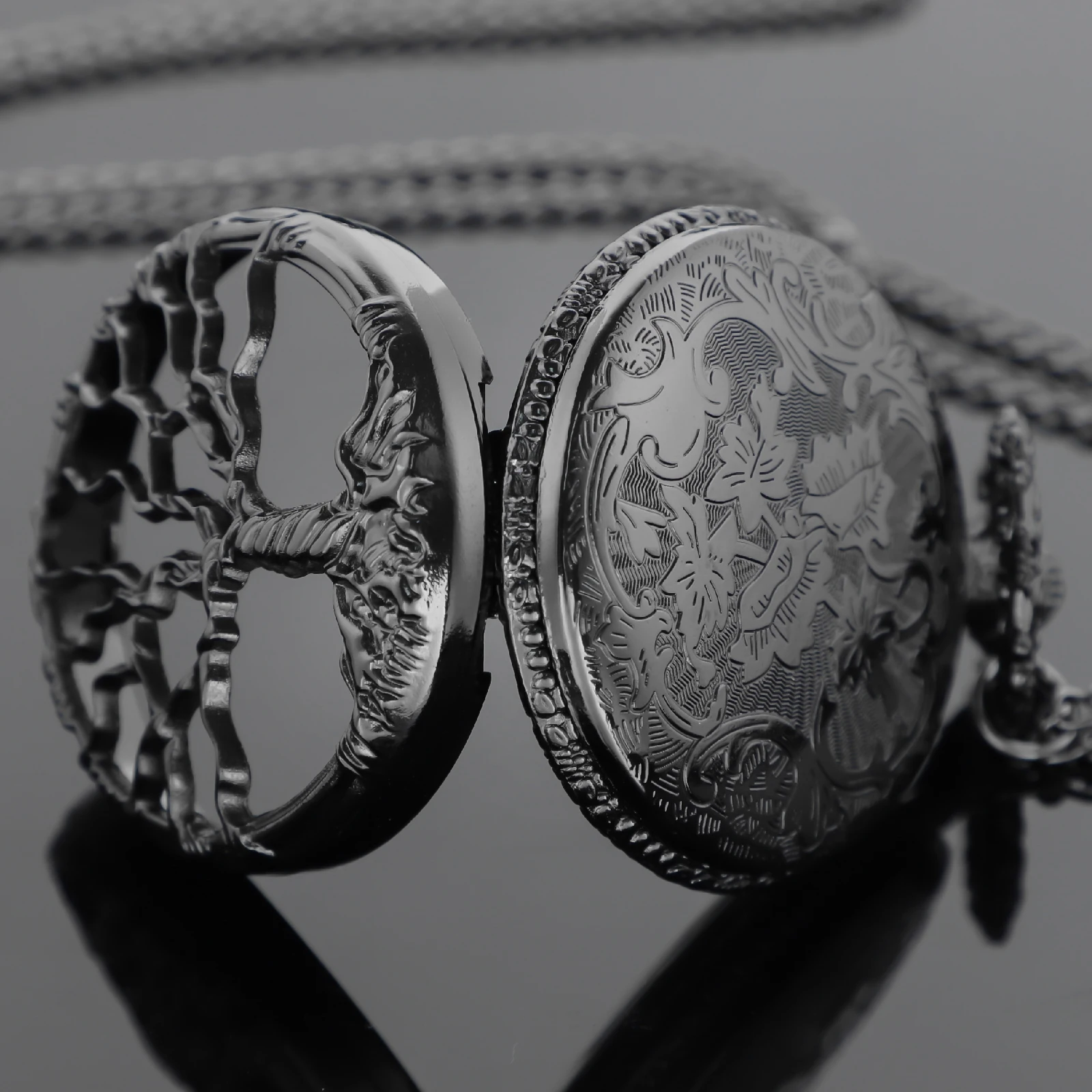 Vintage Black Tree of Life Quartz Pocket Watch Necklace Steam Punk Men's Women Pendant Fob Clock Reloj De Bolsillo