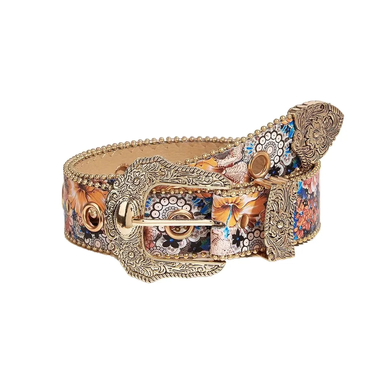 Boho Adjustable Women's Belt PU Leather Eye-catching Floral Printed Waistband Carved Buckle Vintage Cowgirl Belt for Jeans Pants