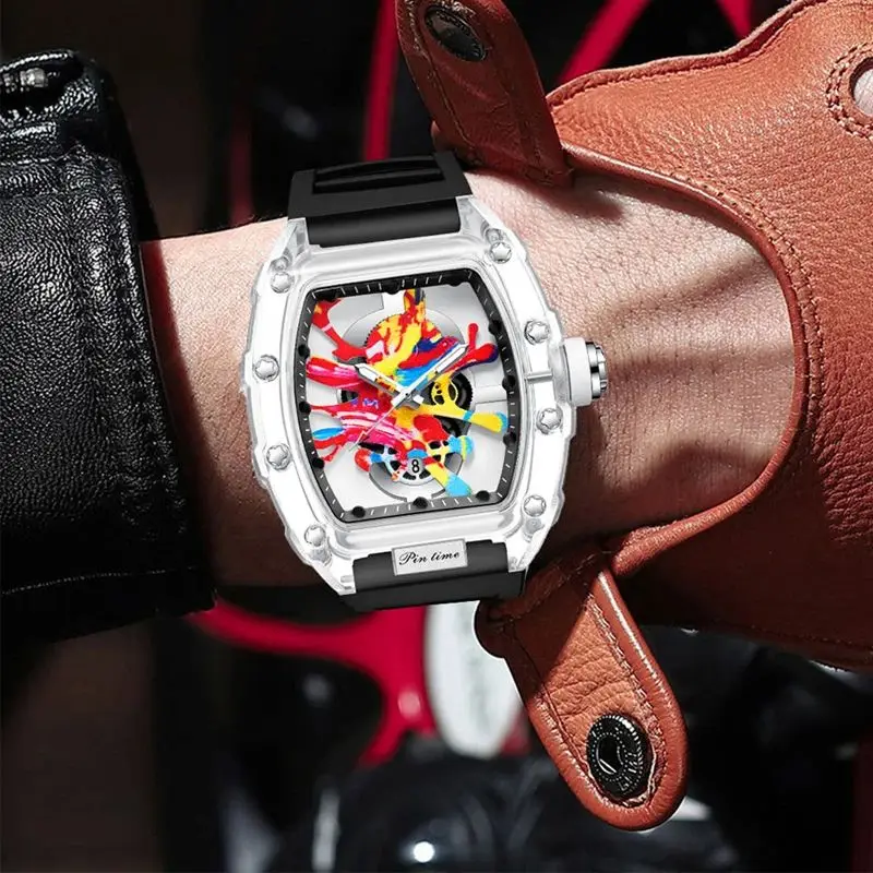 

PINTIME Мужские часы в форме бочонка Силиконовые прозрачные внешний вид Модные крутые ветровые водонепроницаемые светящиеся мужские кварцевые часы