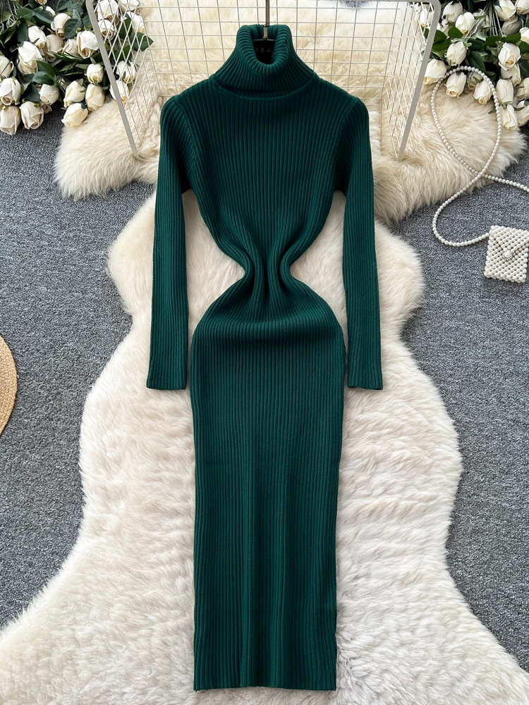 High Ne Knitted Dr Women's Tight Fit Waist Cinching Slimming Vertical Stripe Sweater Dr Korean Sle High Waist A-Lin...