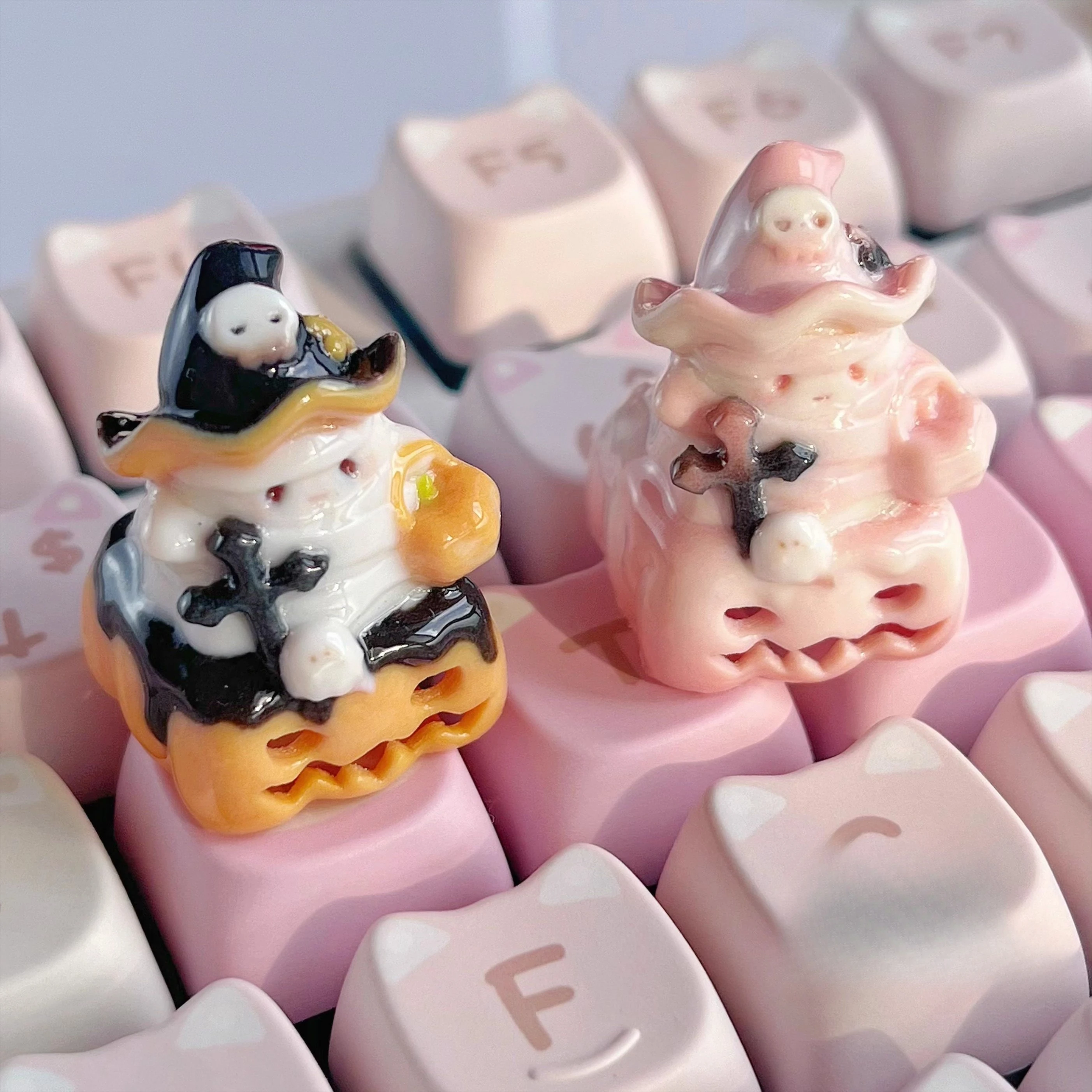 

Колпачки для клавиш с милым призраком тыквы, оригинальные колпачки для клавиш из смолы Kawaii, изготовленные на заказ колпачки для ключей ручной работы, аксессуары для механической клавиатуры