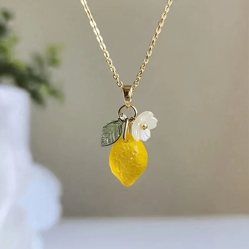 1Pc Fresh Cute Lemon Flower Resin Pendant Necklace Sweet Jewelry Gift For Women Daily Wear Fashion Accessories