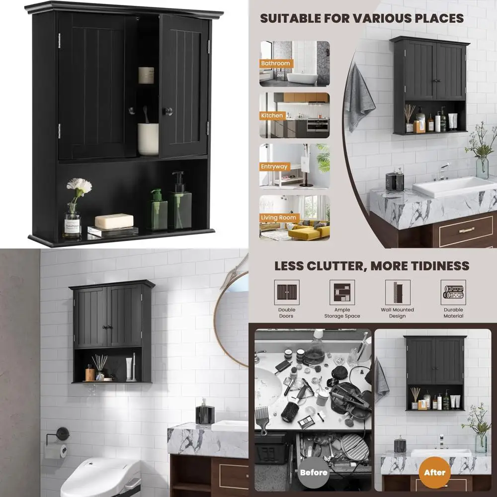 

Black Double-Door Medicine Cabinet with Open Shelf for Bathroom, Living Room, and Entryway Storage