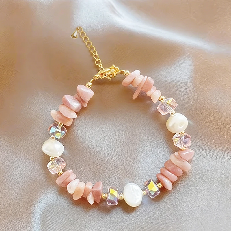 Retro Unregelmäßiges Rosa Naturstein-Perlenarmband für Damen Süßes Accessoire Modischer Schmuck 2026 Trendiges Handgelenk-Accessoire – Detail 3