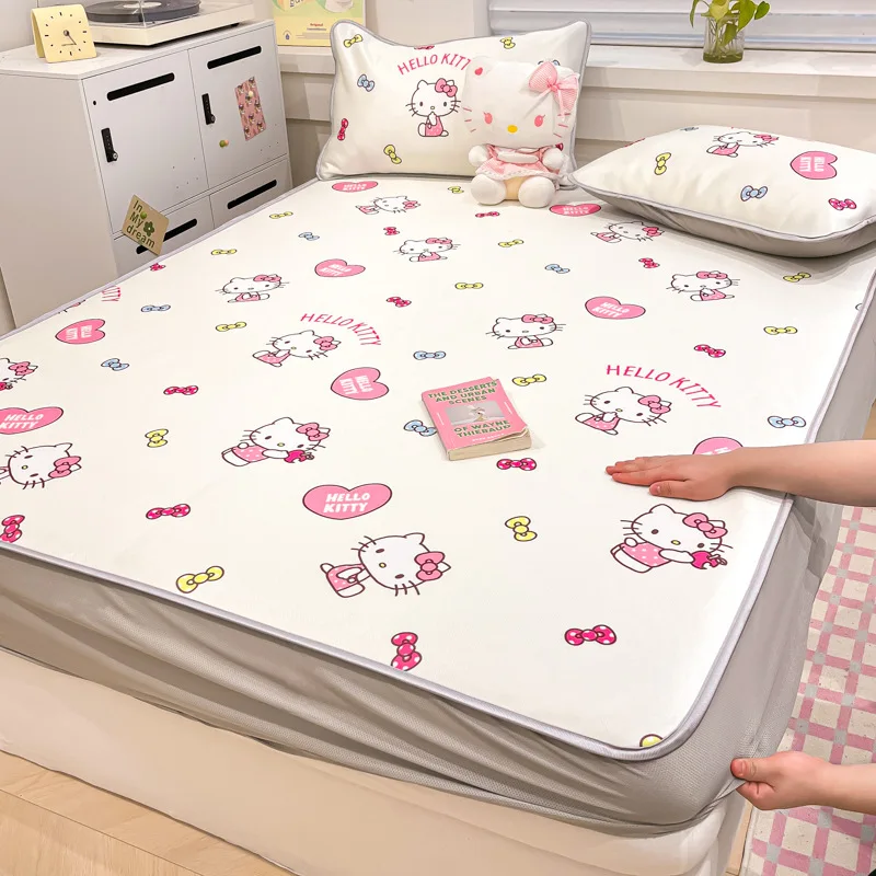 

Kawaii Sanrio Fitted Sheet Three-Piece Hello Kitty Kuromi Anime Cartoon Cinnamoroll Baby Summer Coolness Sleeping Mat Kids Gifts