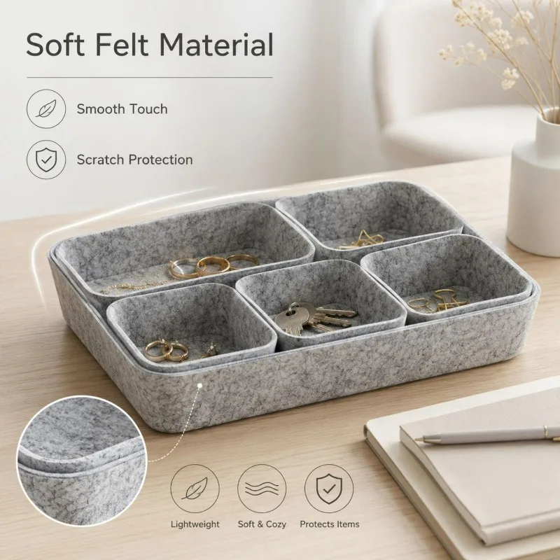 8 Pack Felt Storage Trays Drawer Organizer Set Modular Divider Bins for Desk Office Makeup Jewelry Stationery Vanity Dorm Room