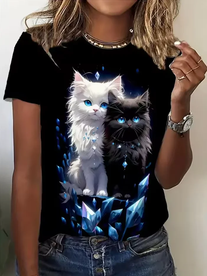 

Women's T Shirt Animal Cat 3d Print Summer Short Sleeve Tee Cute Girl Streetwear Female Oversized Clothing Pullover