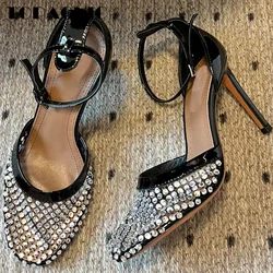 6.26 TOPCHIC Female Diamonds Hollow Out Mesh High Thin Heel Shoes For Women Round Toe Sexy Temperament Buckle Strap Sandals