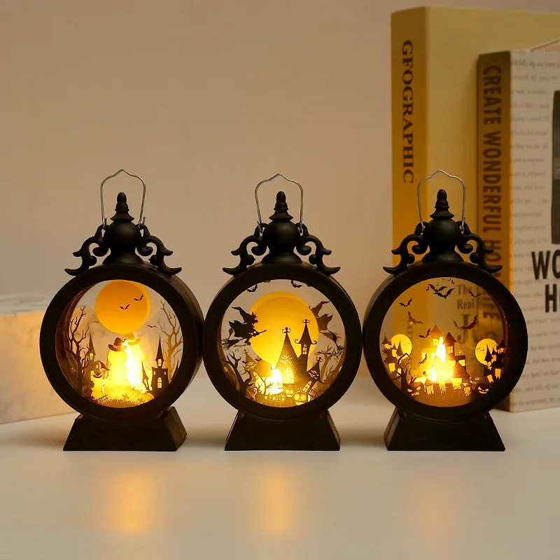 Halloween decorative wind lamp cross-border retro round portable horse lamp led electronic candle lamp atmosphere decoration