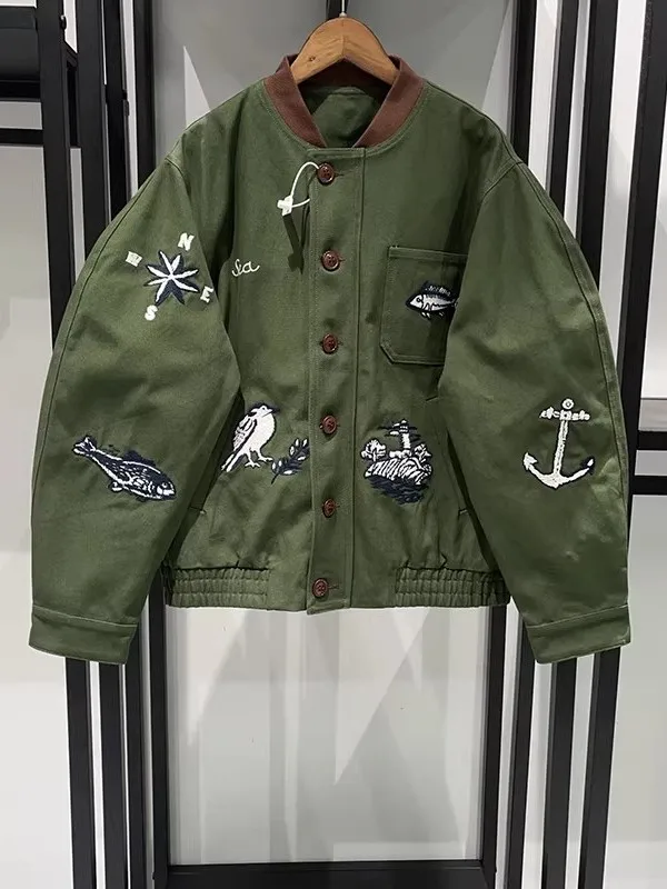 

Large Size Autumn Winter Fun Bird Flng Big Fi Embroidery Stand Collar Jaet Baseball Sle Casual Outerwear for Men And ...