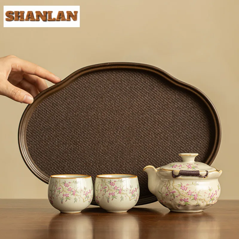

Ru Kiln Hand-held Teapot Set Creative Peach Blossom Tea Set Kit With Begonia Plate Ancient Tea Ceremony Set Teaware Decoration