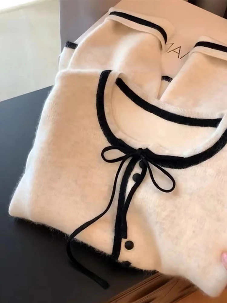 Fashion Bow Sweater Autumn Winter New Chic Long Sleeved Knitted Cardigan Women Lazy Style O-neck Sweater Coat