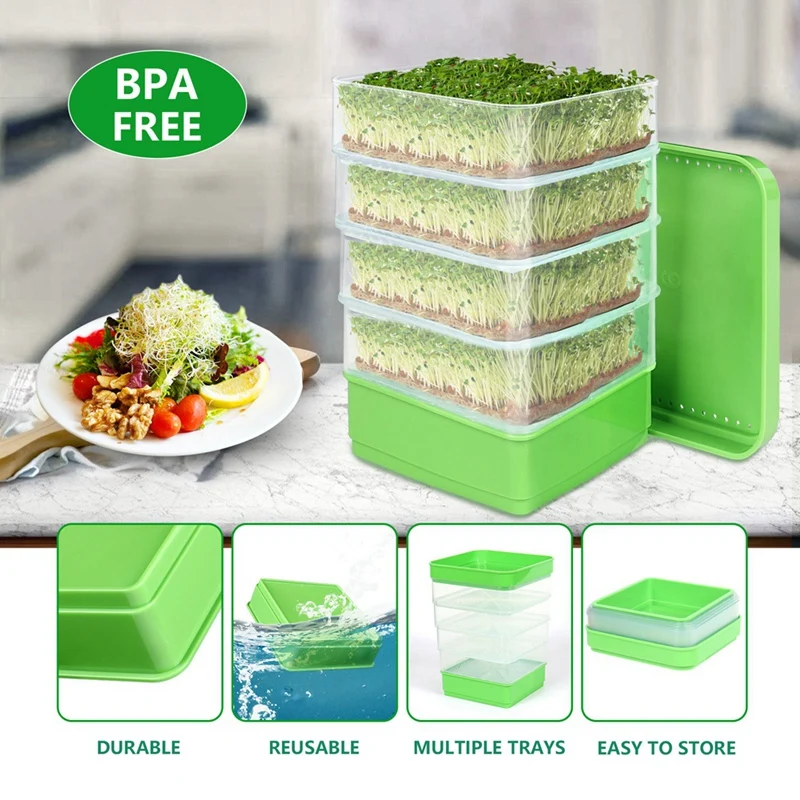 Bean Seed Germination Kit, Micro-Green Plant Growing Tray, Drain Tray, Four-Tier Stackable Sprout Growing Kit Durable