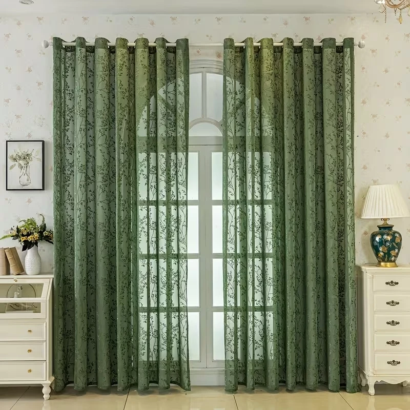 1pc Vintage Luxury Curtain with Branch Embroidery, Rope Ring Hanging, Suitable for Living Room, Bedroom, Balcony, Kitchen, Decor