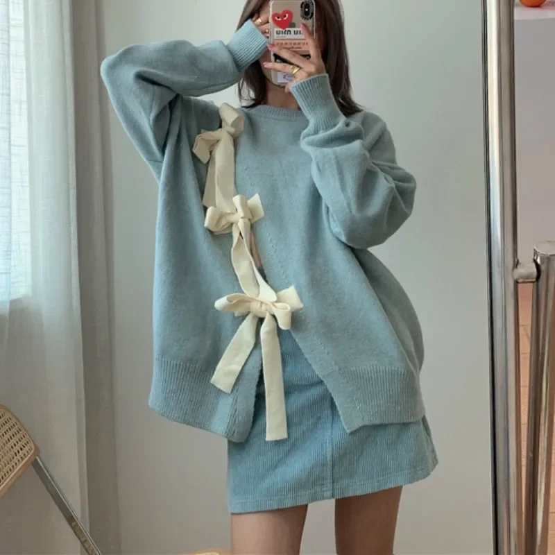 Causal Fashion Korean Bow Tie Hollow-out Split Pullover Sweater Long Sleeve O-neck Knitted Tops 2024 Autumn Winter Knit Jumper