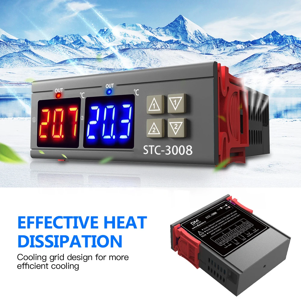 AC110-220V Dual Digital Temperature Controller Two Relay Output module Thermoregulator Thermostat With Heater Cooler STC3008