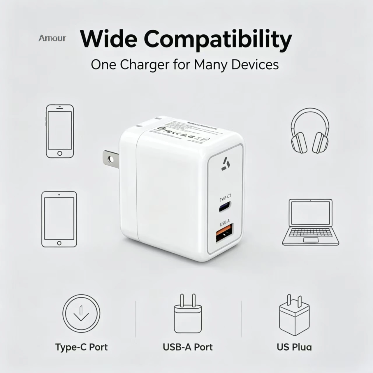 45W GaN 2‑Port USB‑C Compact Fast Charging Power Adapter Type C Phone Charger For iPhone Samsung Xiaomi EU US Plug QC3.0 Charger