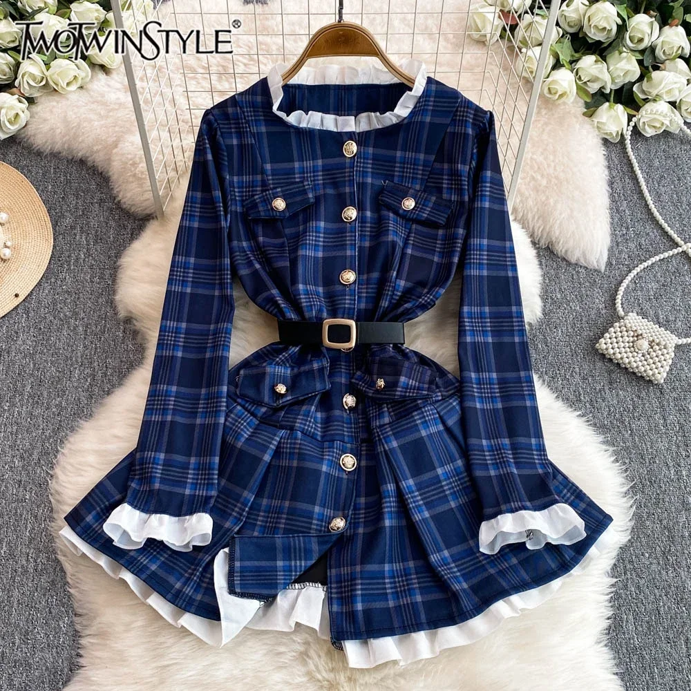 TWOTWINSTYLE New Hit Color Sweet Dresses For Women O Neck Long Sleeve Patchwork Sashes Slimming Dress Female Fashion KDR523810