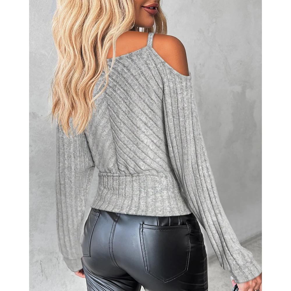 Women Cold Shoulder Batwing Sleeve Ribbed Top Spring Fashion Casual Chain Strap Long Sleeve V-Neck T Shirt Sexy Blouse y2k Top