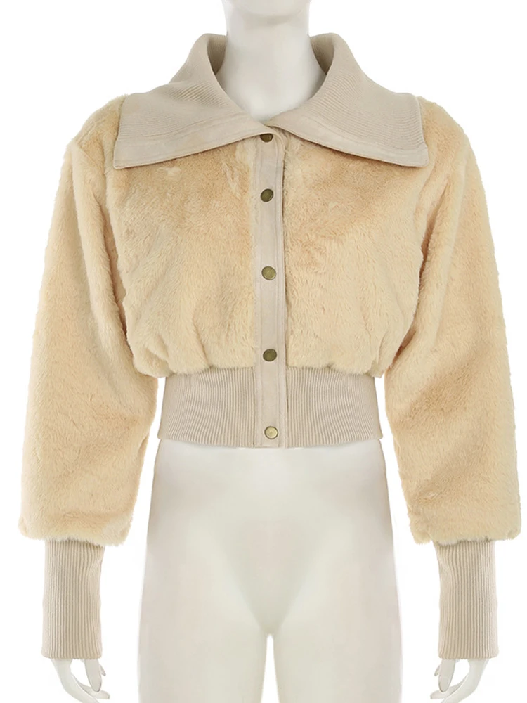 BKQU-Chaqueta cálida de piel sintética para mujer, abrigo corto ajustado a la moda con cuello vuelto y una hilera de botones, ropa de calle Y2K 2024