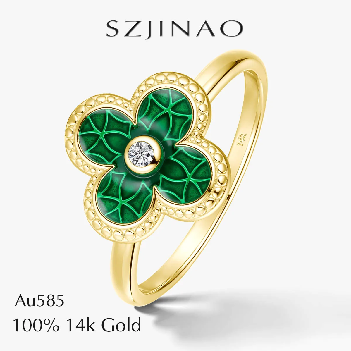 

14-каратное золото, эмалированное цветное кольцо с четырьмя листами клевера, 100% подлинное для женщин, свадебные, помолвочные, счастливые, романтические, изящные ювелирные изделия, подарки