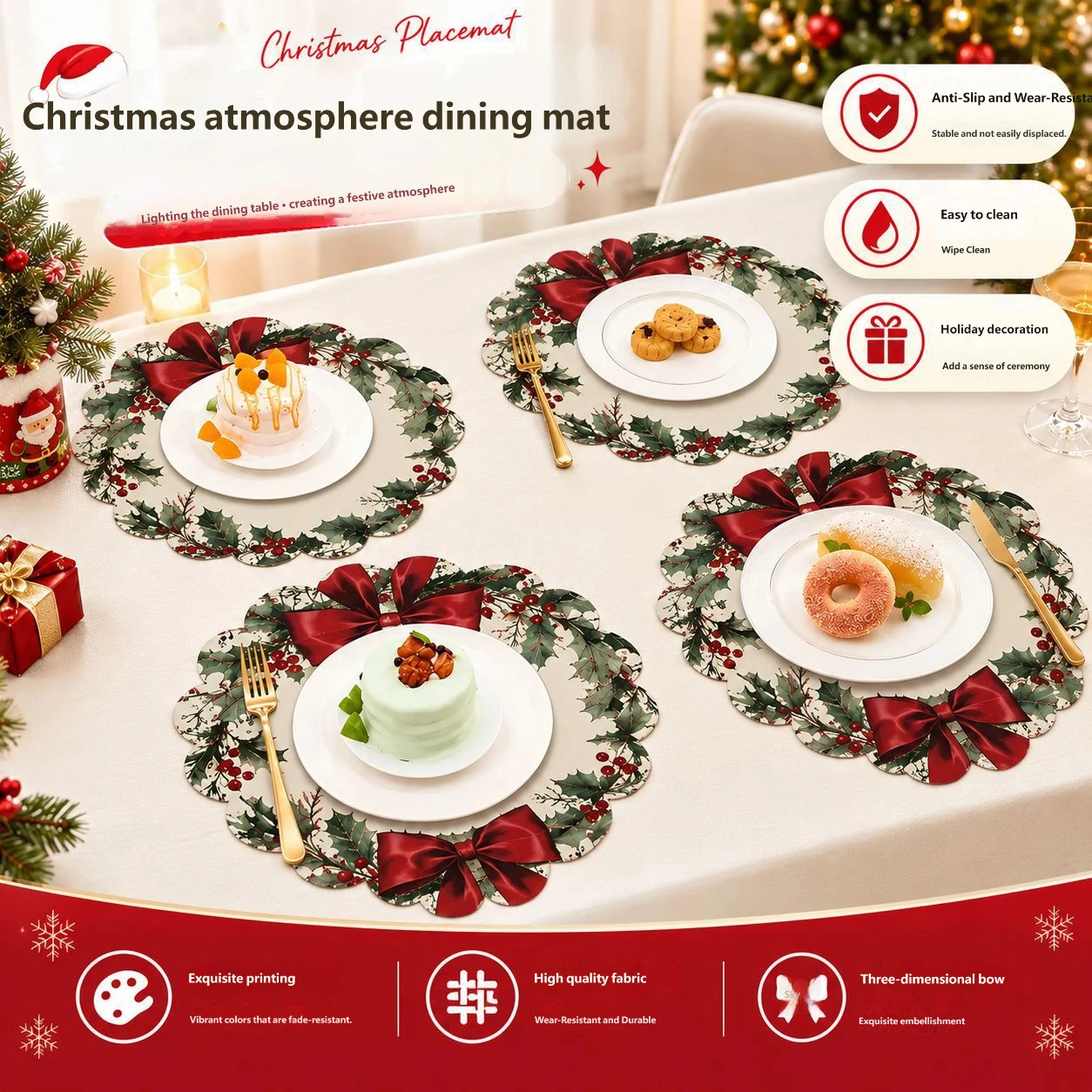 Place Mats for Dining Table Christmas Santa Reindeer Snow Scene Non Slip Washable Home Decor