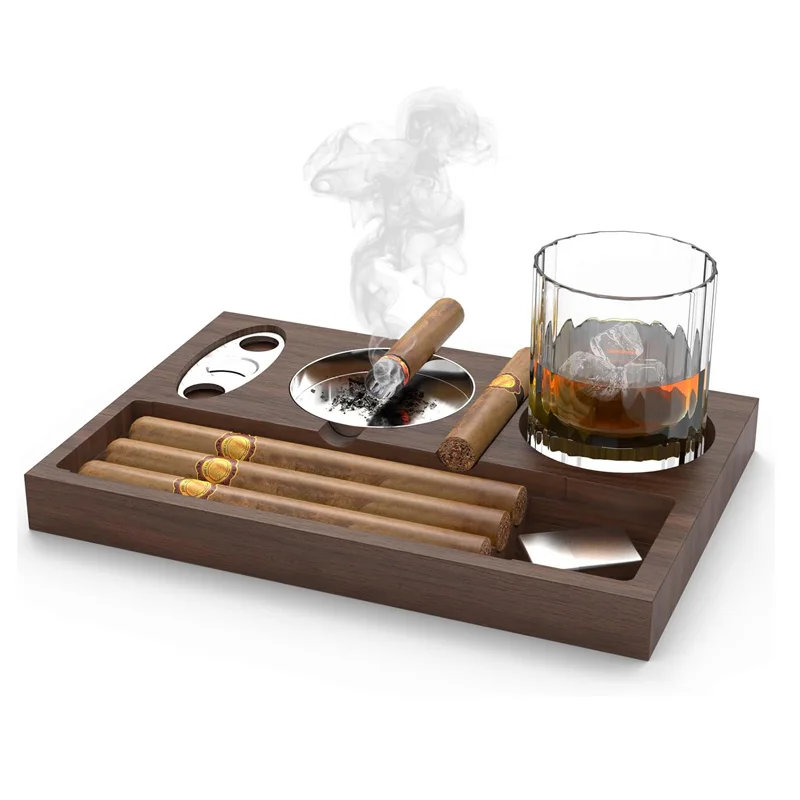New Cigar Ashtray with Cigar Cutter Cigar Accessories Whiskey Glass Tray Detachable Outdoor 7 Slots Cigar Holder Gift for Men