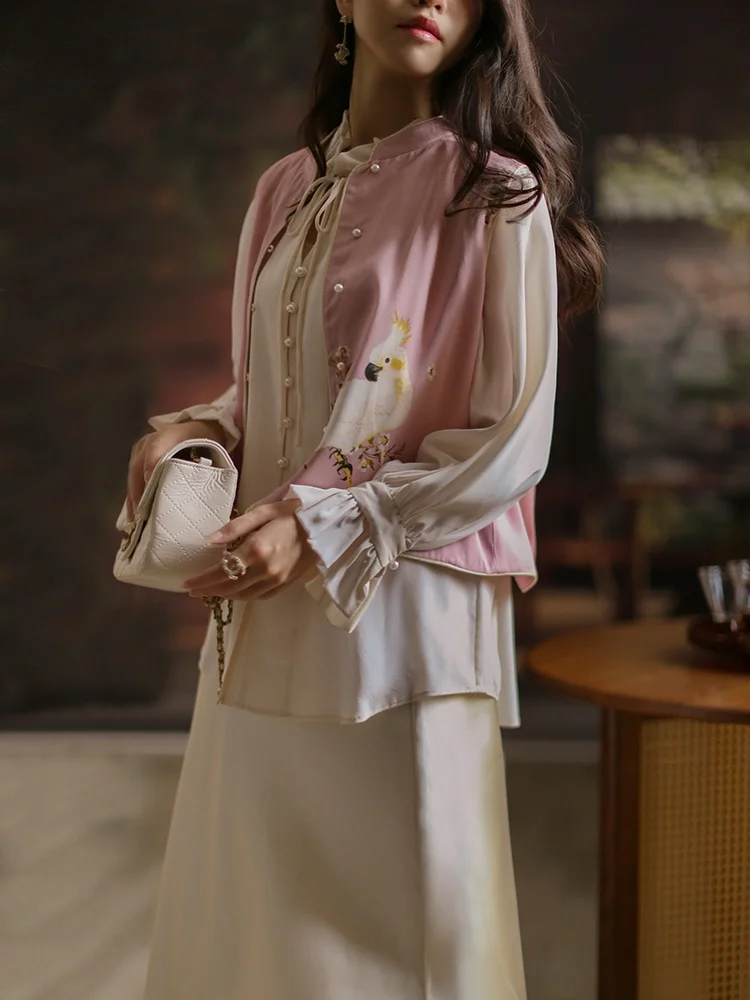 

Young Sle Pink Silk Tang Suit Top Jiangnan Flavor Light National Sle Versatile Waistcoat Elegance Small irt