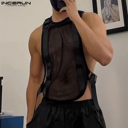 INCERUN Men's Tank Tops Mesh Transparent Solid Color O-neck Sleeveless Casual Male Vests Streetwear 2024 Fashion Men Clothing