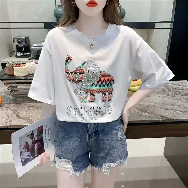 Korean Loose Round Neck Cartoon Embroidery Tops For Female Casual Fashion Diamonds Spliced T-shirt Summer New Women\'s Clothing