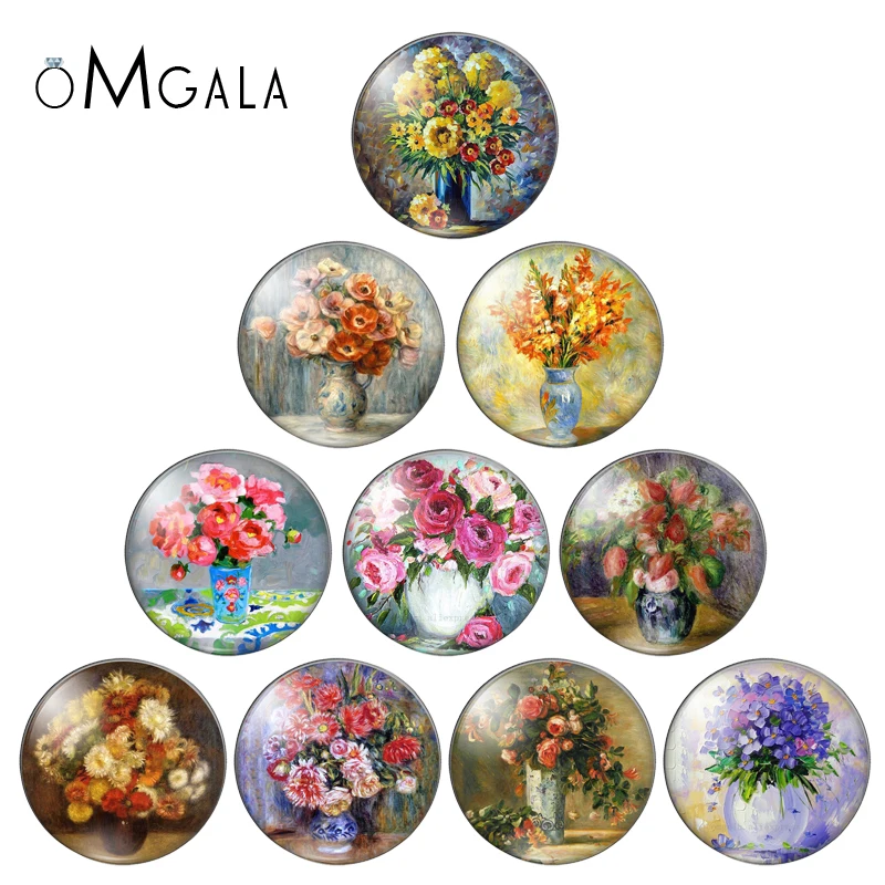 Colorful Flower Oil Painting 12mm/14mm/16mm/18mm/20mm/25mm Round Photo Glass Cabochon Demo Flat Back Making Findings