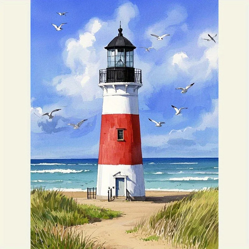 

A 5D Diamond Painting Kit Featuring a Tranquil Seaside Lighthouse, Suitable for Adults, Full Diamond Mosaic Crafts