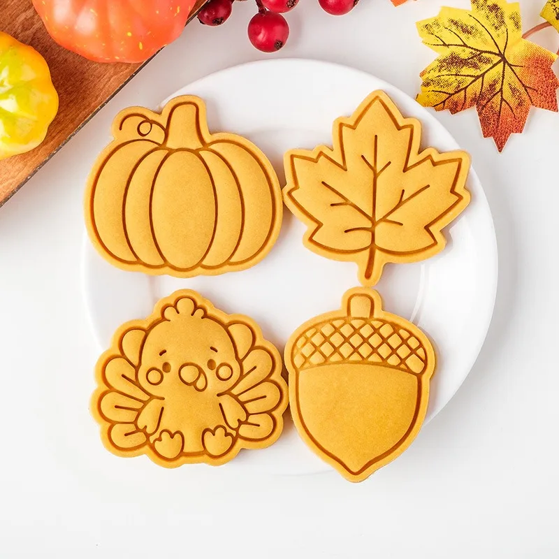 Cookie Embosser Mold Thanksgiving Day Autumn Biscuit Mold Pumpkin Turkey Chestnut Fondant Biscuit Cutter Molds Baking Tool