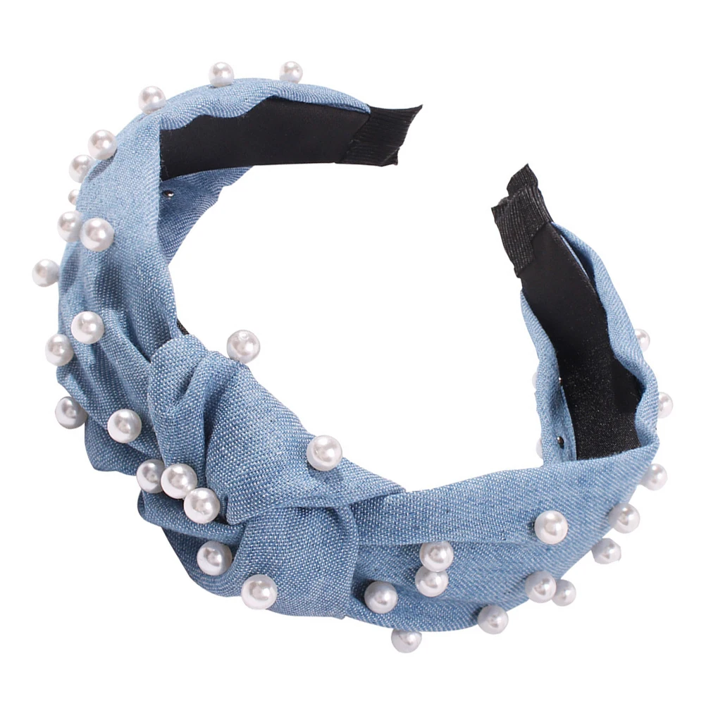 

1pc Pearl Hair Wide Rim Jean Cloth Knot Design Fashion Headband Women Girls Daily Party Wear Gift Light Fashion Headband Blue