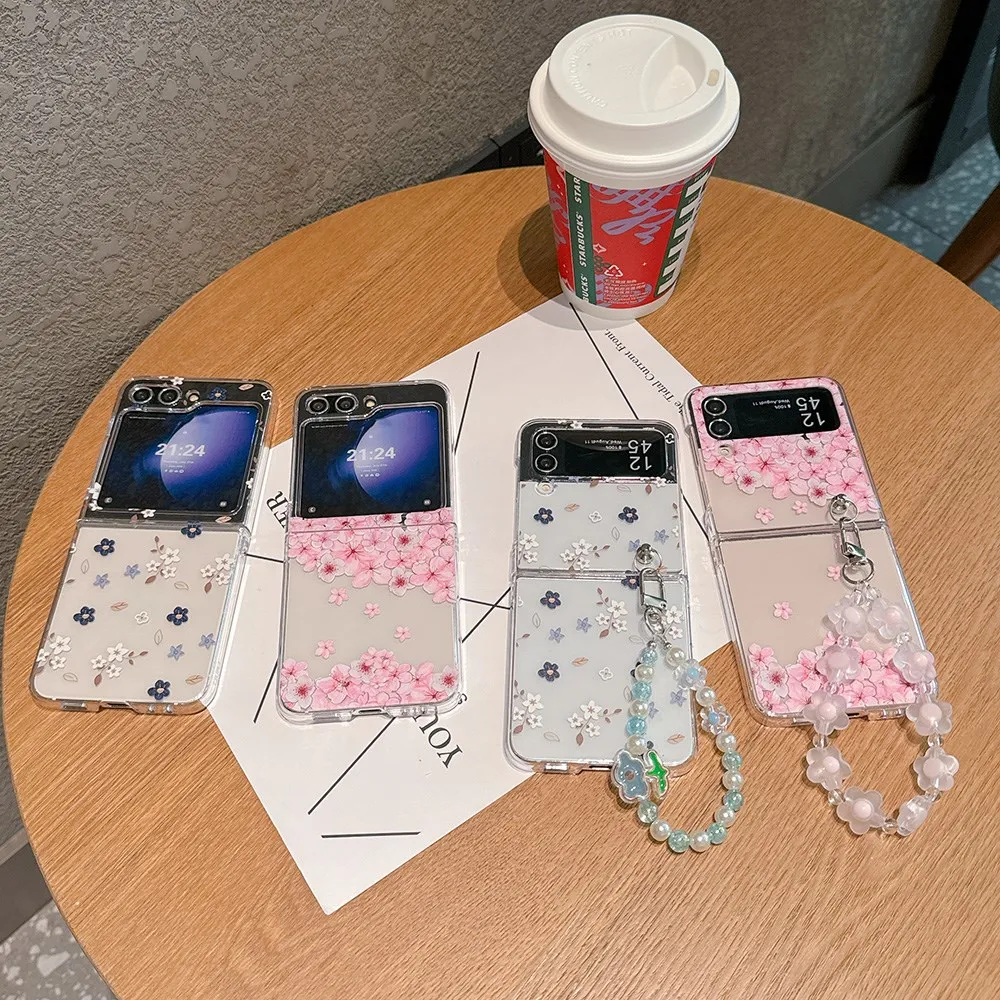 For Samsung Galaxy Z Flip 3 4 5 Case Floral Transparent Folding with Bracelet Shockproof Protection Hard Back Cover Accessorie