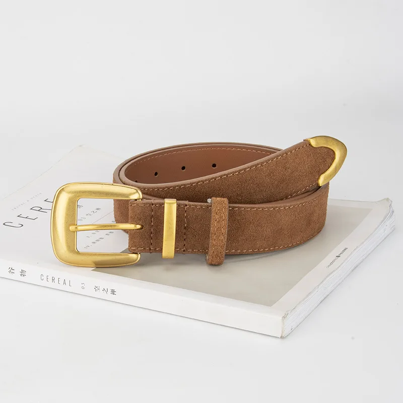 New Suede Trendy Casual Women's Leather Belt, Personalized Retro Gold Buckle Design Decoration Dress Jeans Belts