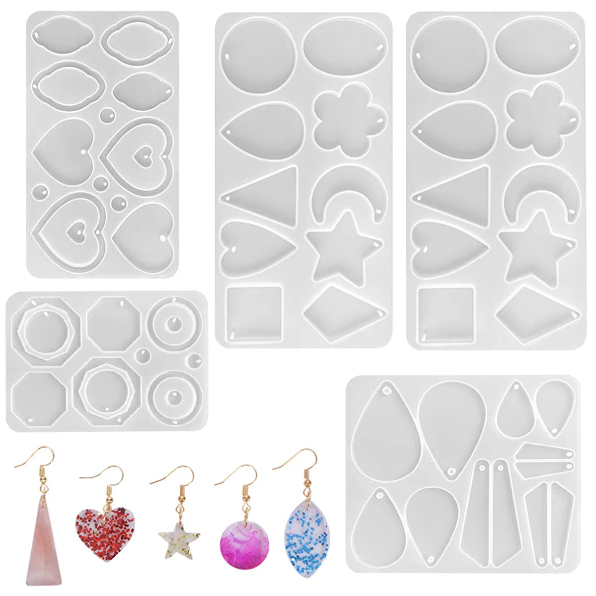 5Pcs Resin Jewelry Mold Silicone Jewelry Mold Jewelry Resin Casting Mold Reusable Durable DIY Resin Teardrop Heart Star Moon