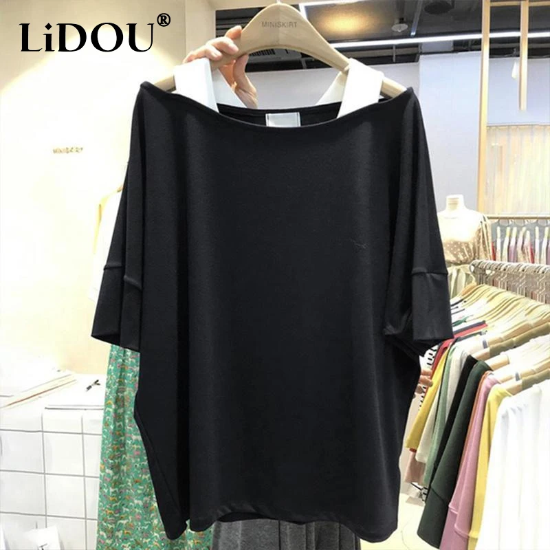 

Korean Style Summer Women's Clothing Round Neck Off Shoulder Hollow Out Sling Fake Two Pieces Tops Women Loose T-shirtYY17