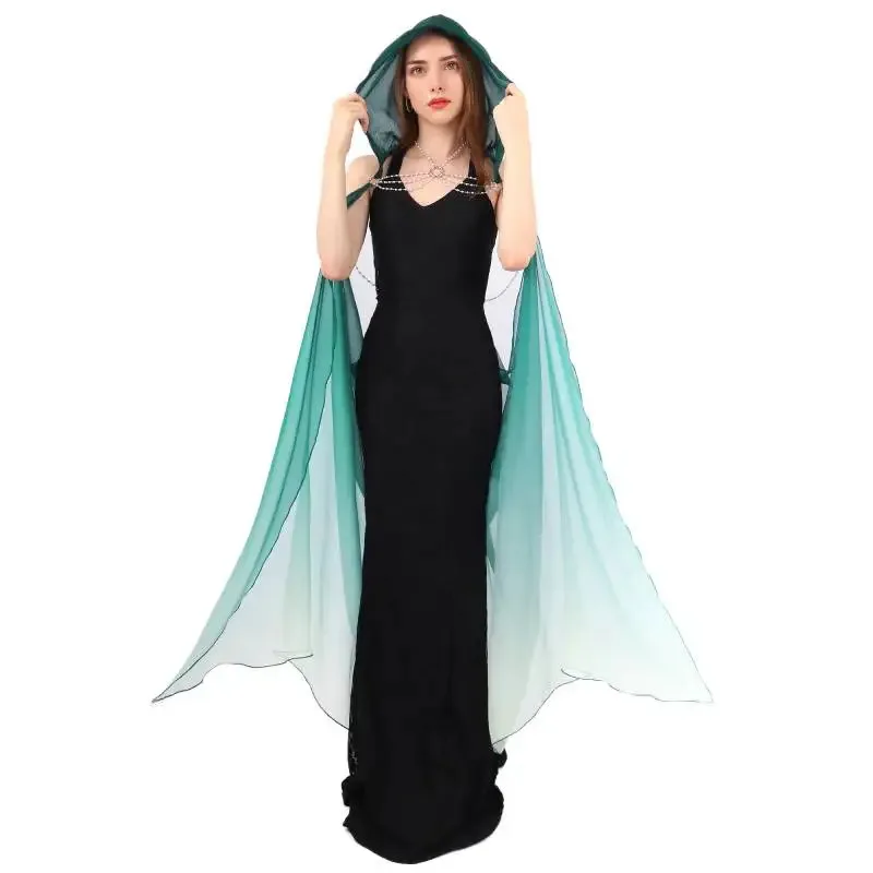 

WENAM Hooded Women Elf Full Length Tulle Gothic Bridal Off Shoulder Capelet Fantasy Chiffon Chian Cape with Hood mj:3