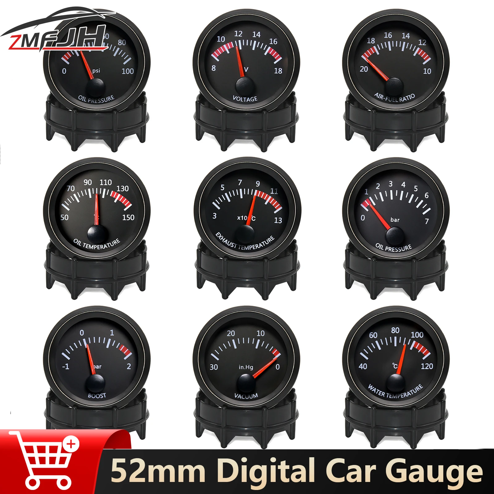 

52 мм автомобильный масляный пресс, температура воды, температура масла, вольт, соотношение воздуха и топлива, повышение температуры выхлопных газов, цифровой светодиодный индикаторный измеритель для гоночного датчика 12 В