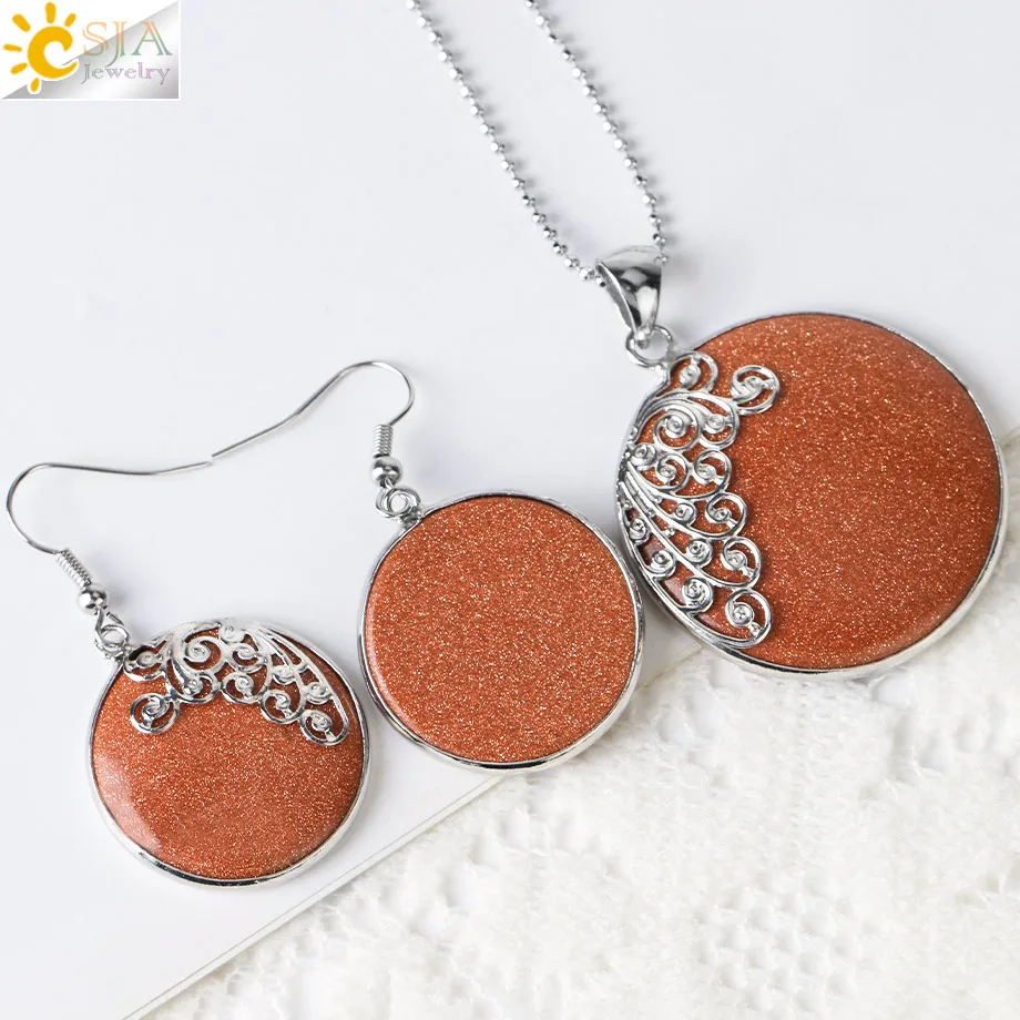 CSJA Natural Stone Necklaces Jewelry Set Butterfly Dangle Earrings Round Brown Sand Stone Pendant Party Women Jewellery G944