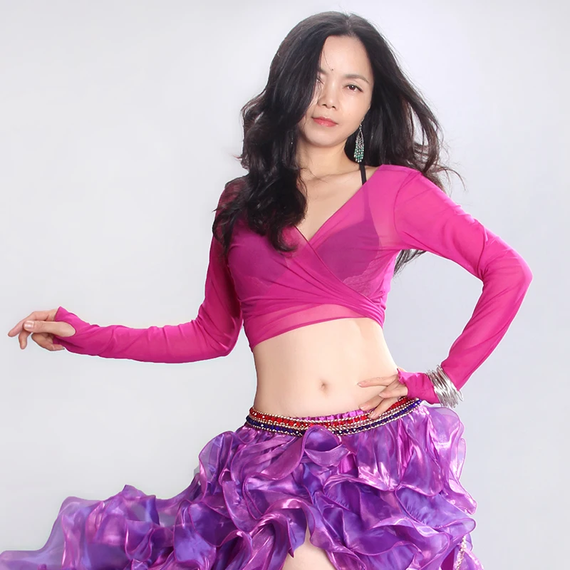 Customized New Belly Dance Costume Modern Dance Top Sexy Mesh Chest Strap Long Sleeve Cardigan Dress Exotic Dancewear