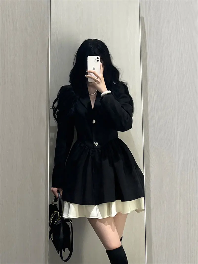 French High-end Temperament Black Suit Dress Women\'s Plus Size Waist Cinched Princess Puffy Skirt