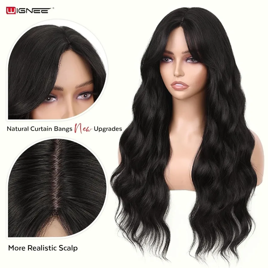 ウィグニー ロング ブラック カール ウェーブ ウィッグ 女性用 26インチ ミドルパート 合成毛 ウィッグ グルーレス 前髪付き 自然な生え際