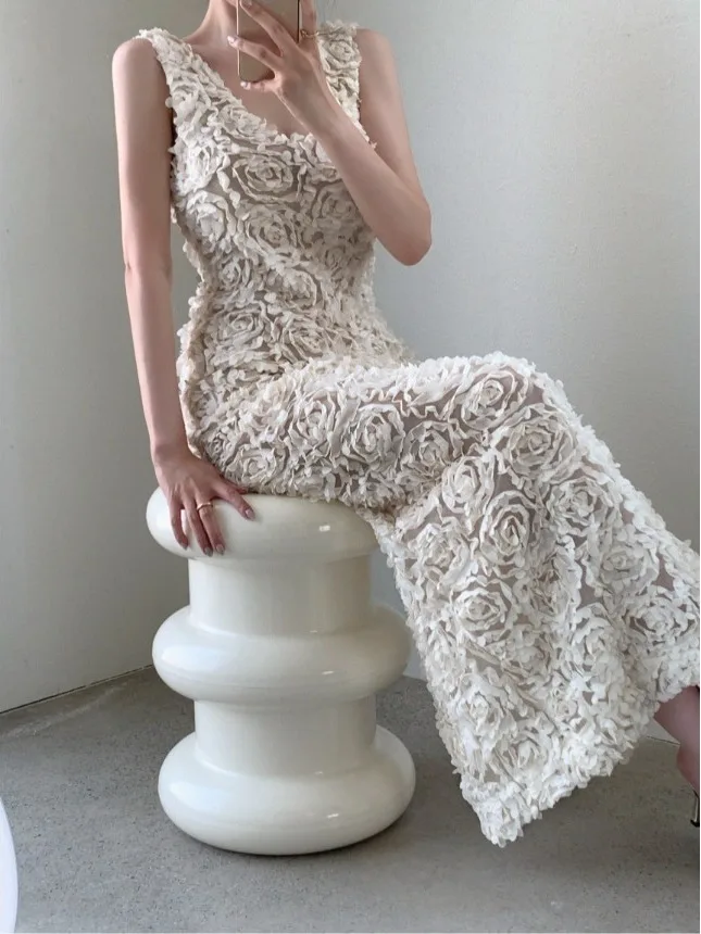 Ele Floral broderie réservoir sangle Dr femmes minceur longue Dr été nouveau Sle trajet Faion coupe régulière Midi Dr