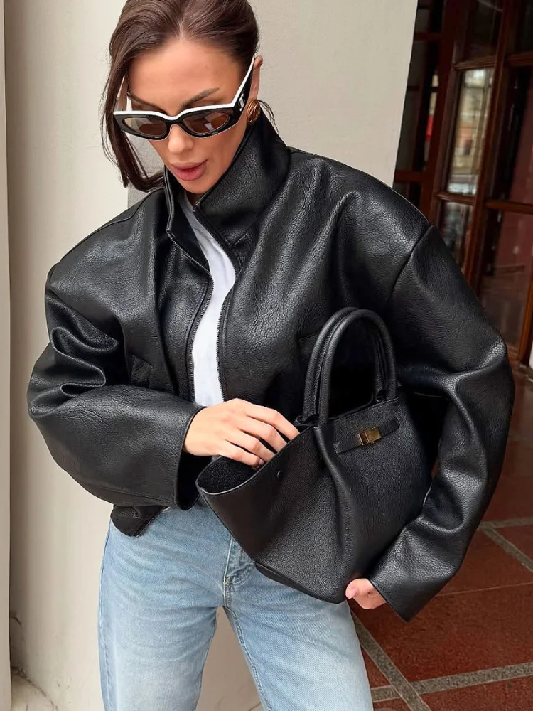ソリッドブラックラペルショートレザージャケット女性ファッションスタンドカラーフルスリーブジッパーコーチジャケットレディシックストリートアウター