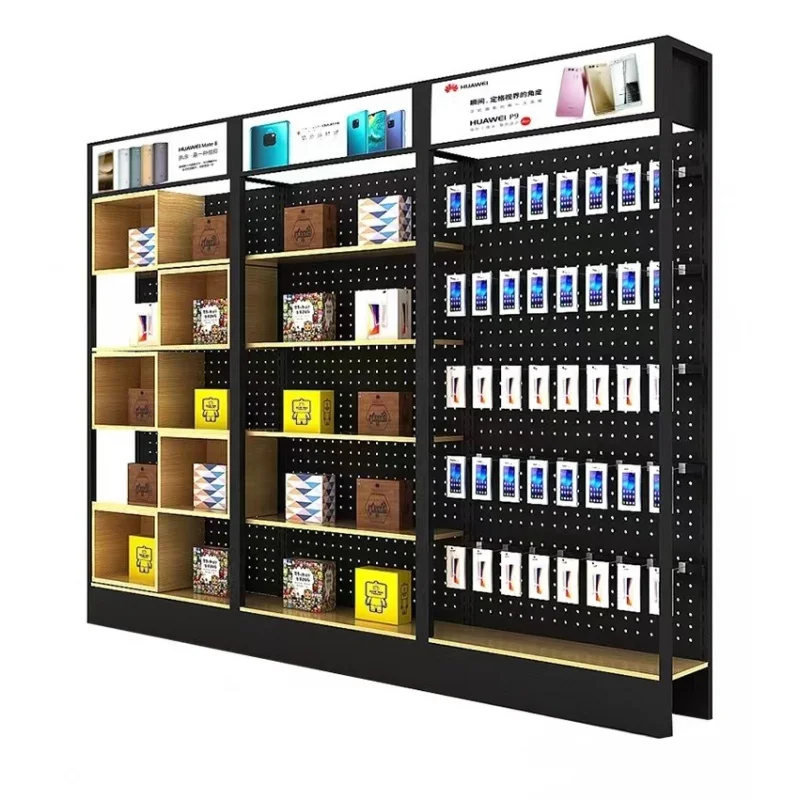 Aangepaste, Goedkope Retail Reparatie Winkel Armatuur Mobiele Accessoires Staan Metalen Structuur Telefoon Accessoires Display Plank Met Lightbox