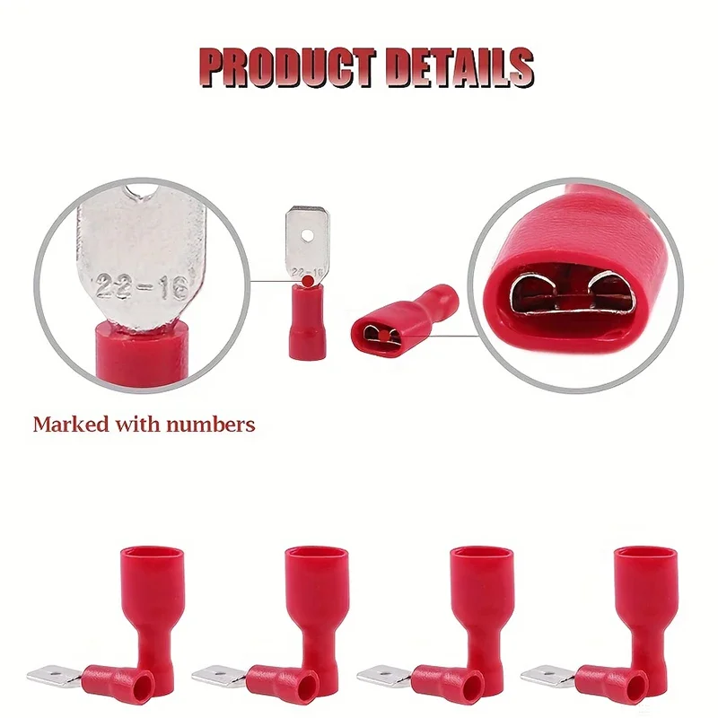 200pcs 6.3mm red  Gauge Fully Insulated Male/Female Spade Quick Splice  Terminals - The Perfect Wire Crimp Connector Set!