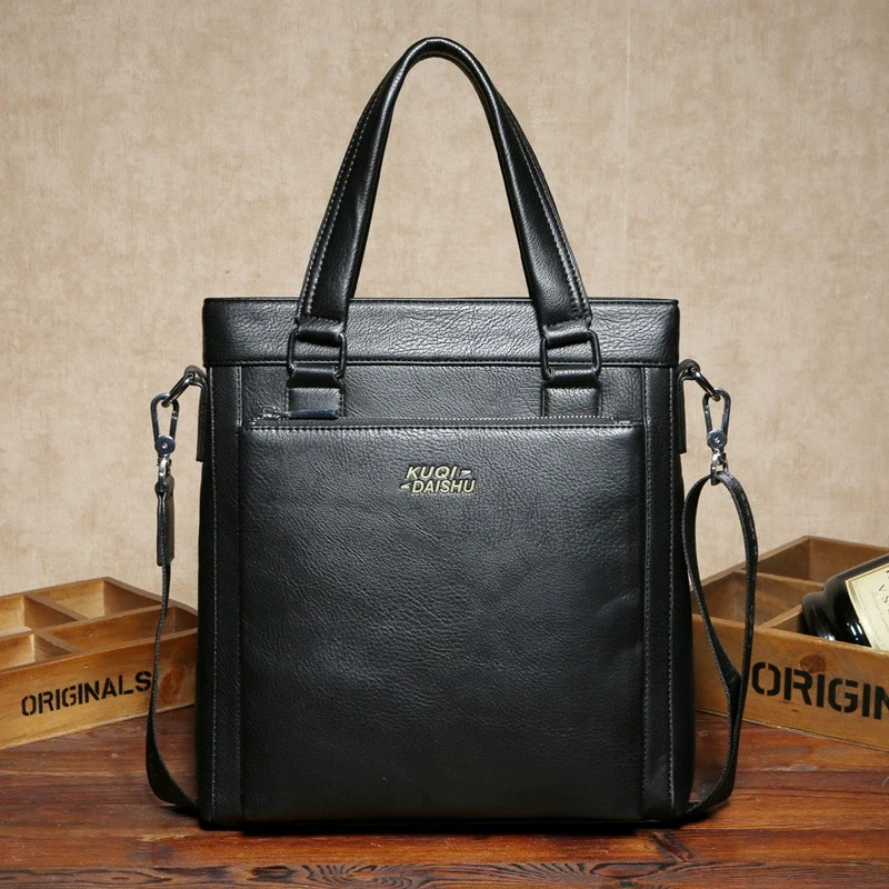 Men'S PU Leather Briefcase Executive Document Office Handbag Shoulder Vertical Portable Business Messenger Crossbody Side Bag